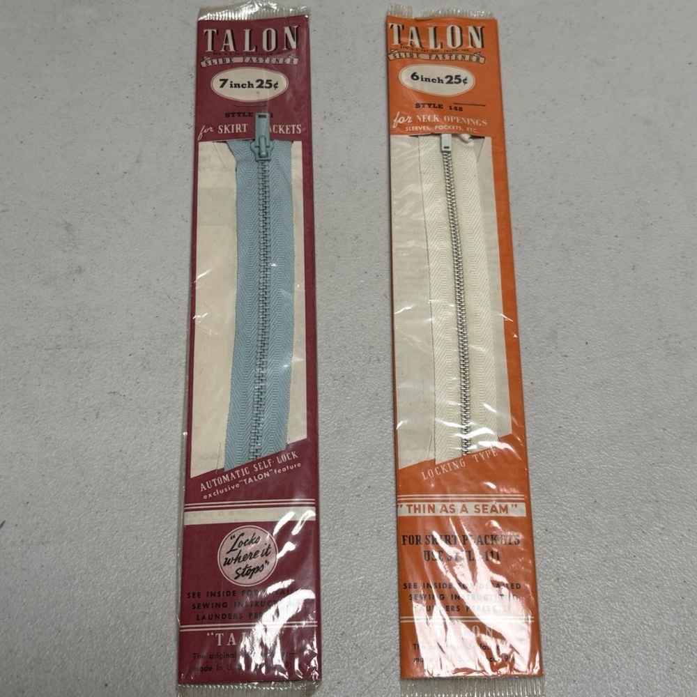 2 Vintage Talon Zippers Blue 7” Skirt & White 6" Neck Sewing Slide Fastener
